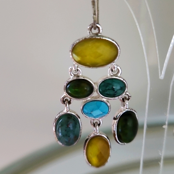 Vintage Multi Stone & Silver Dangle Party Drop Earrings - Picture 4 of 7